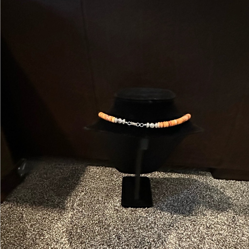 Handmade “One of a Kind” Orange Spiny Oyster and Sterling Silver Beaded Necklace - Picture 3 of 4